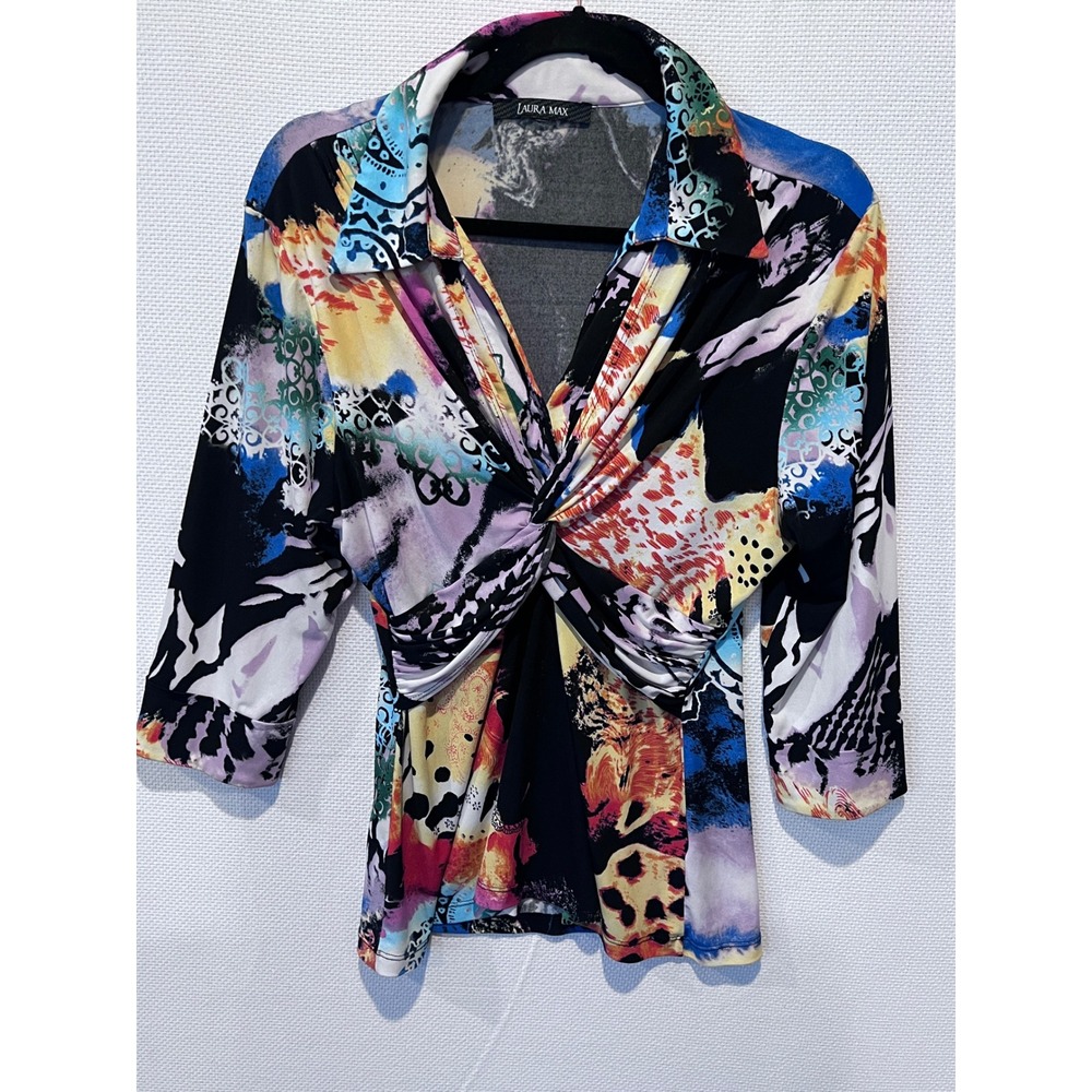 Vintage Laura Max Womens 80s Abstract Print Twist Front Art to wear‎ to size xl